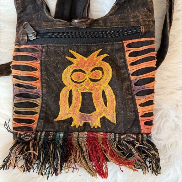 Boho Tie Dye Owl Fringe Embroidery Bird Purse Crossbody Bag Sling - Picture 3 of 7